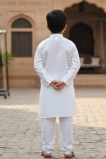 Cotton Boys Kurta Set | Cotton Kids Kurta Pajama | Mandarin Collar, Elastic Pajama | Festive (White) - Image 3
