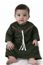 Omani Jubba for Baby Boys & Kids  | Premium Cotton Polyester Blend Shiny Fabric | Lightweight Arabic Thobe for Kids | Best for Eid, Ramadan Dark Olive Color
