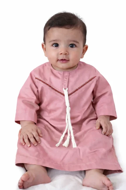 Omani Jubba for Baby Boys & Kids (6 Months – 6 Years) | Premium Cotton Polyester Blend Shiny Fabric | Lightweight Arabic Thobe for Kids | Best for Eid, Ramadan Pink color