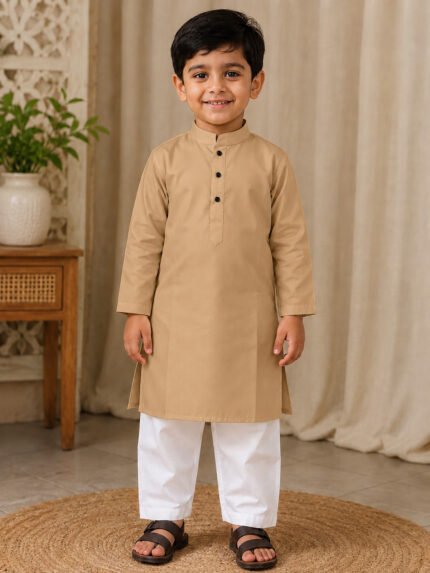 Camel Kurta for Boys | Giza Cotton Mix Kurta for Kids | Cotton Blend Ethnic Wear